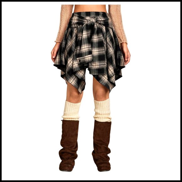 Plaid Pleated Mini Skirt, Asymmetrical Tie Front, High Waisted, Non-Stretch - Picture 1 of 6